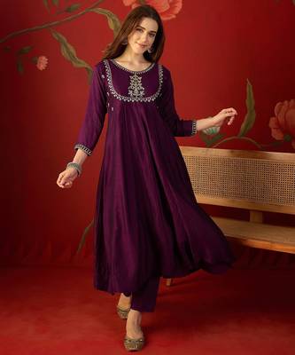 Wine vichitra silk embroidered anarkali kurta set 5