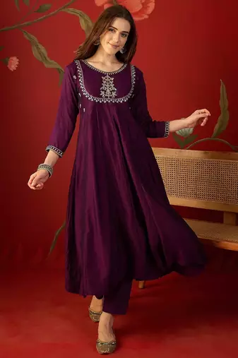 Wine vichitra silk embroidered anarkali kurta set