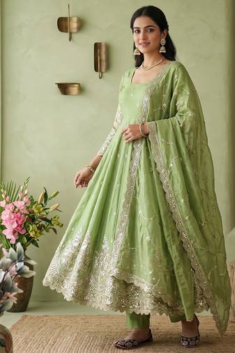 Pista colour embroidered georgette anarkali suit set with dupatta & pant