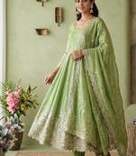 Pista colour embroidered georgette anarkali suit set with dupatta & pant