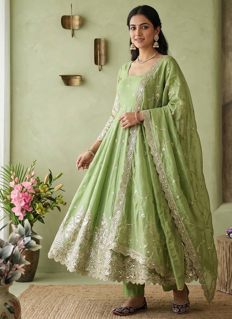 Pista colour embroidered georgette anarkali suit set with dupatta & pant
