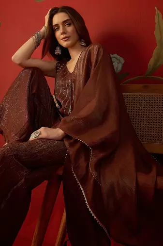 Coffee silk chiffon embroidered kurta set
