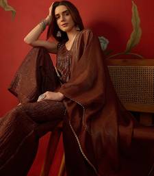 Coffee silk chiffon embroidered kurta set