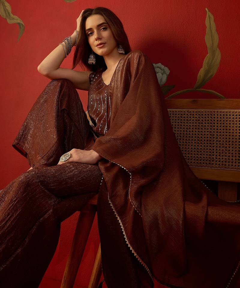 Coffee silk chiffon embroidered kurta set