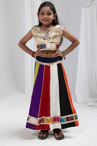 multicolor kali navratri kids lehenga with golden mirror work blouse 