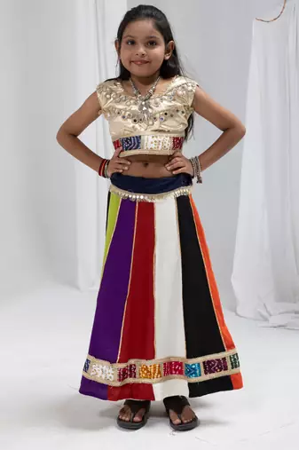 Navratri special multicolor kali with lace work lehenga & real mirror lace work blouse for kids