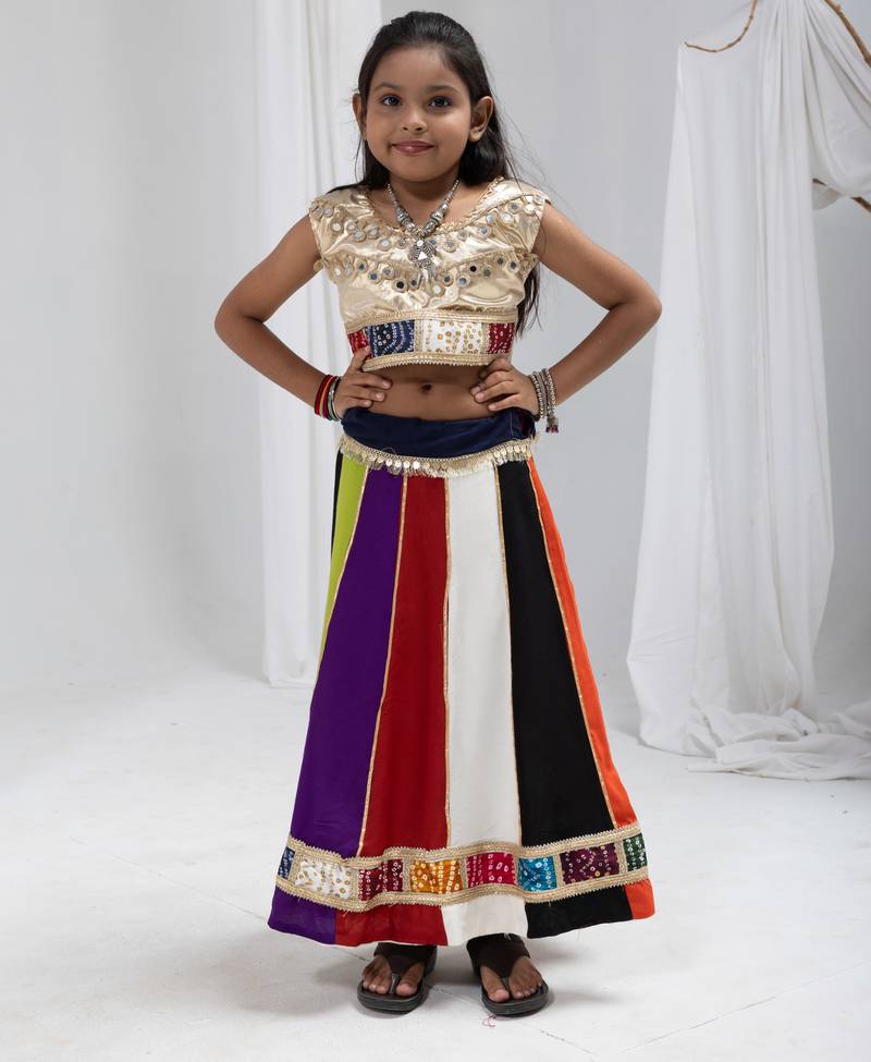 Navratri special multicolor kali with lace work lehenga & real mirror lace work blouse for kids