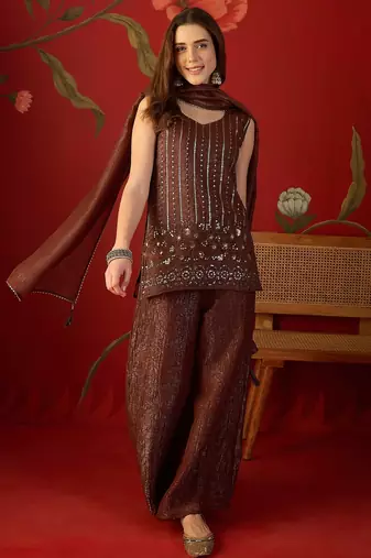 Coffee silk chiffon embroidered kurta set