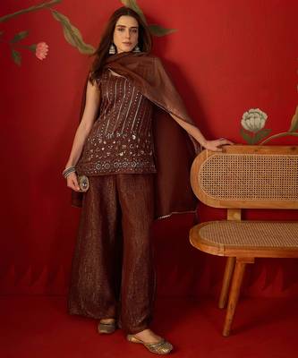 Coffee silk chiffon embroidered kurta set 1