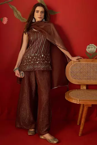 Coffee silk chiffon embroidered kurta set