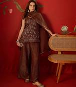 Coffee silk chiffon embroidered kurta set
