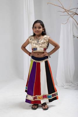 Navratri special multicolor kali with lace work lehenga & real mirror lace work blouse for kids 2