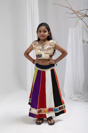 Navratri special multicolor kali with lace work lehenga & real mirror lace work blouse for kids