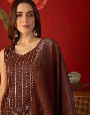 Coffee silk chiffon embroidered kurta set 4
