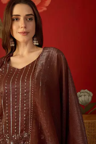 Coffee silk chiffon embroidered kurta set