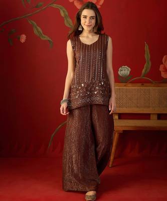 Coffee silk chiffon embroidered kurta set 5