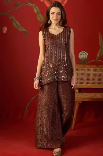 Coffee silk chiffon embroidered kurta set