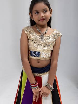 Navratri special multicolor kali with lace work lehenga & real mirror lace work blouse for kids 3