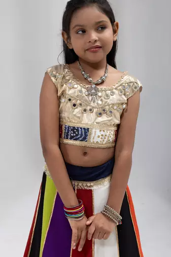 Navratri special multicolor kali with lace work lehenga & real mirror lace work blouse for kids