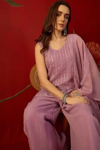 Lilac silk chiffon embroidered kurta set