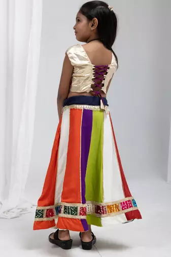 Navratri special multicolor kali with lace work lehenga & real mirror lace work blouse for kids