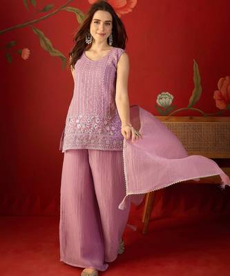 Lilac silk chiffon embroidered kurta set 1
