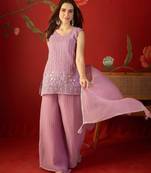 Lilac silk chiffon embroidered kurta set