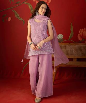 Lilac silk chiffon embroidered kurta set 3