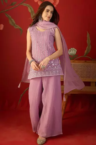 Lilac silk chiffon embroidered kurta set