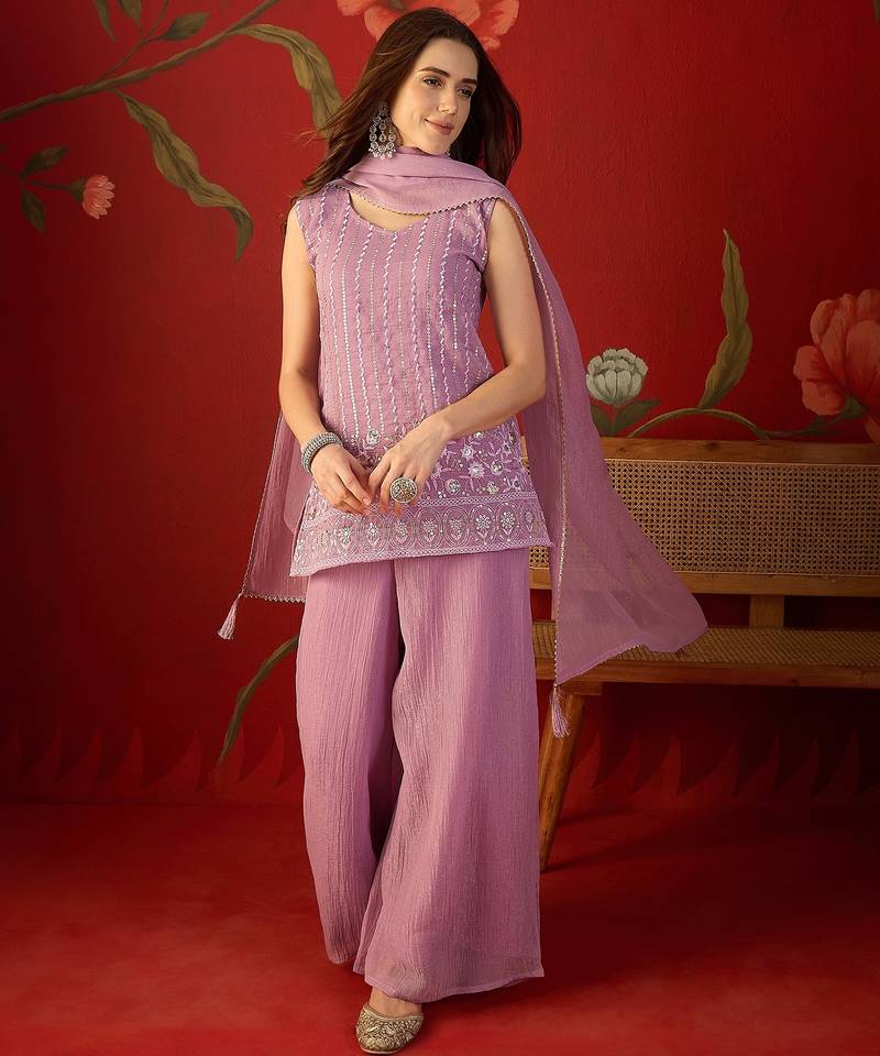 Lilac silk chiffon embroidered kurta set