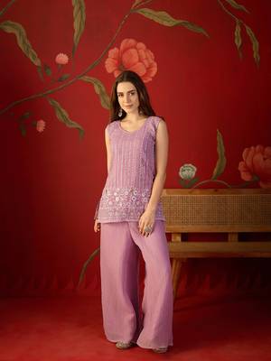 Lilac silk chiffon embroidered kurta set 5