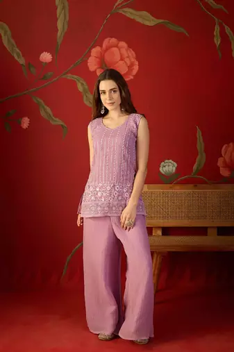 Lilac silk chiffon embroidered kurta set