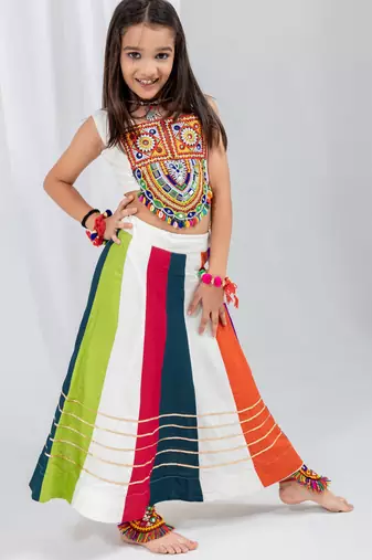 Navratri special multicolor kali with gota patti work lehenga & gamthi patch real mirror work blouse for kids
