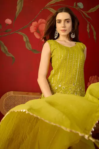Neon silk chiffon embroidered kurta set