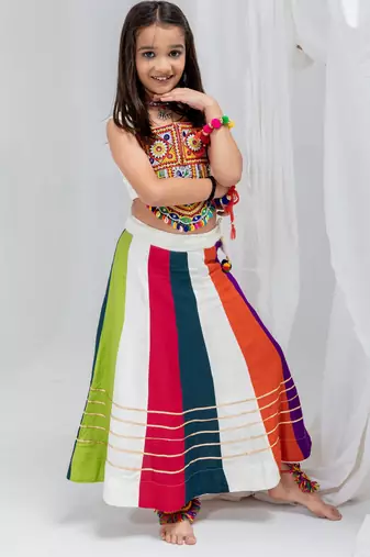 Navratri special multicolor kali with gota patti work lehenga & gamthi patch real mirror work blouse for kids