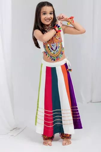 Navratri special multicolor kali with gota patti work lehenga & gamthi patch real mirror work blouse for kids