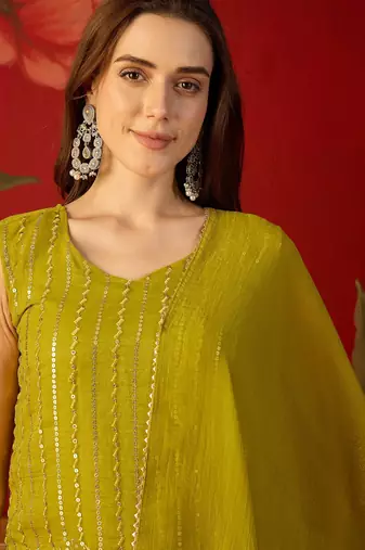 Neon silk chiffon embroidered kurta set