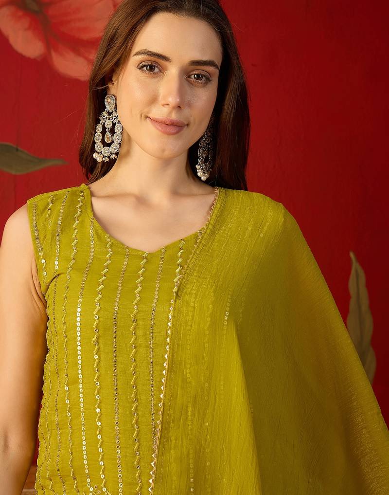 Neon silk chiffon embroidered kurta set