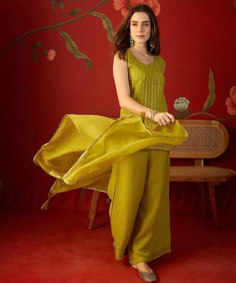 Neon silk chiffon embroidered kurta set 4