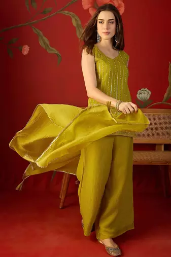 Neon silk chiffon embroidered kurta set