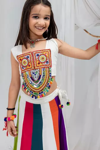 Navratri special multicolor kali with gota patti work lehenga & gamthi patch real mirror work blouse for kids