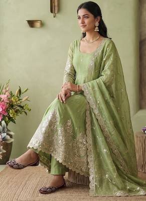 Pista colour embroidered georgette anarkali suit set with dupatta & pant 2