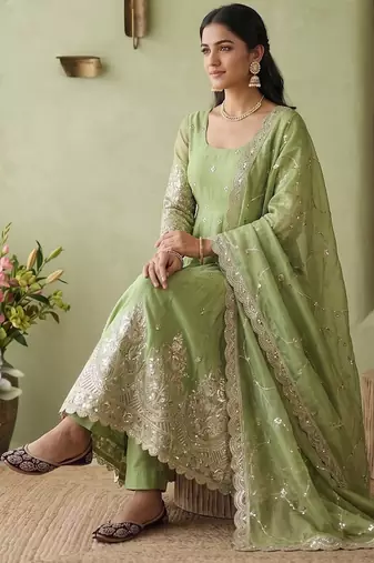 Pista colour embroidered georgette anarkali suit set with dupatta & pant