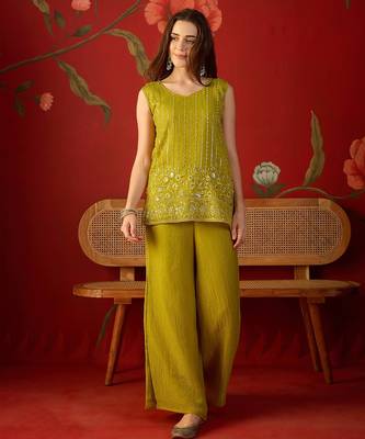Neon silk chiffon embroidered kurta set 5