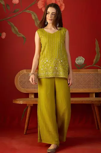 Neon silk chiffon embroidered kurta set