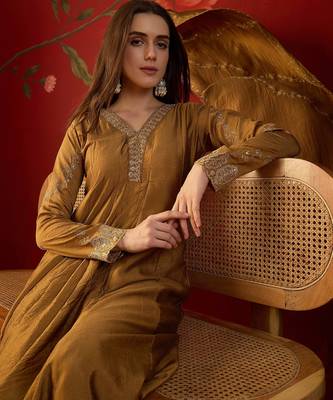 Brown silk chiffon embroidered anarkali kurta set. 2