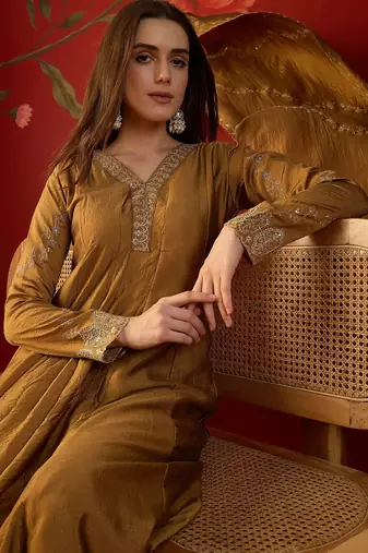 Brown silk chiffon embroidered anarkali kurta set.