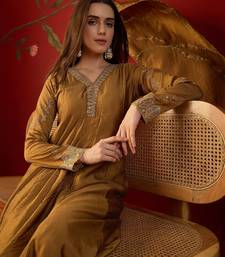 Brown silk chiffon embroidered anarkali kurta set.
