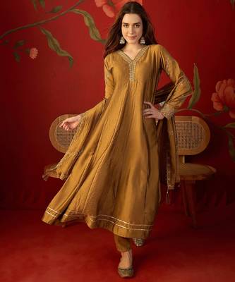 Brown silk chiffon embroidered anarkali kurta set. 1