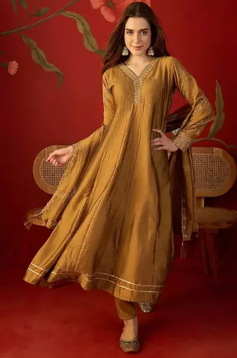 Brown silk chiffon embroidered anarkali kurta set.